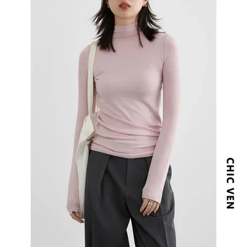 CHIC VEN Women's T-shirt New Multi Color Woman Tees Base Shirt Slim Fit Female Tops Office Ladies Clothing Spring Autumn 2023