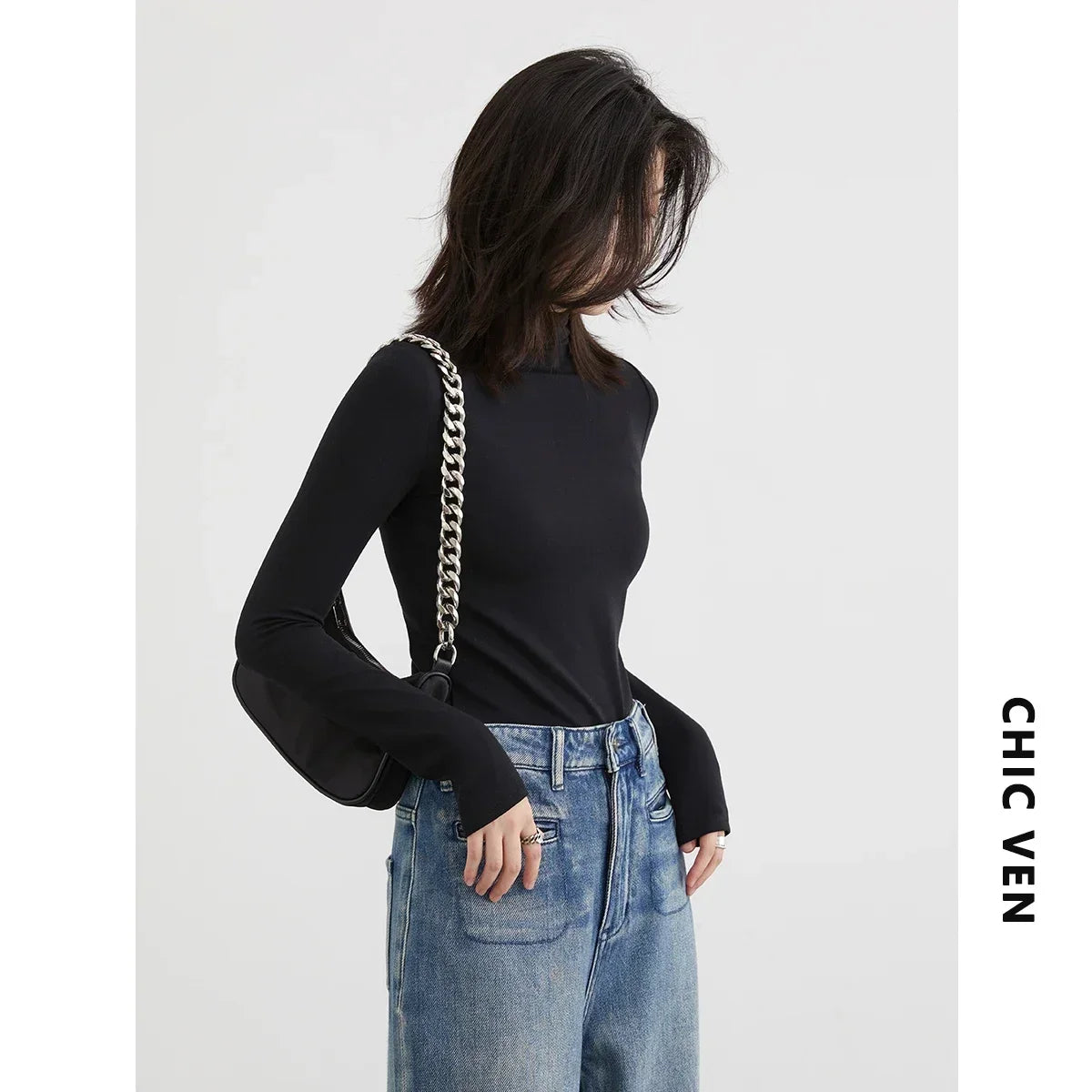 CHIC VEN Women's T-shirt New Multi Color Woman Tees Base Shirt Slim Fit Female Tops Office Ladies Clothing Spring Autumn 2023