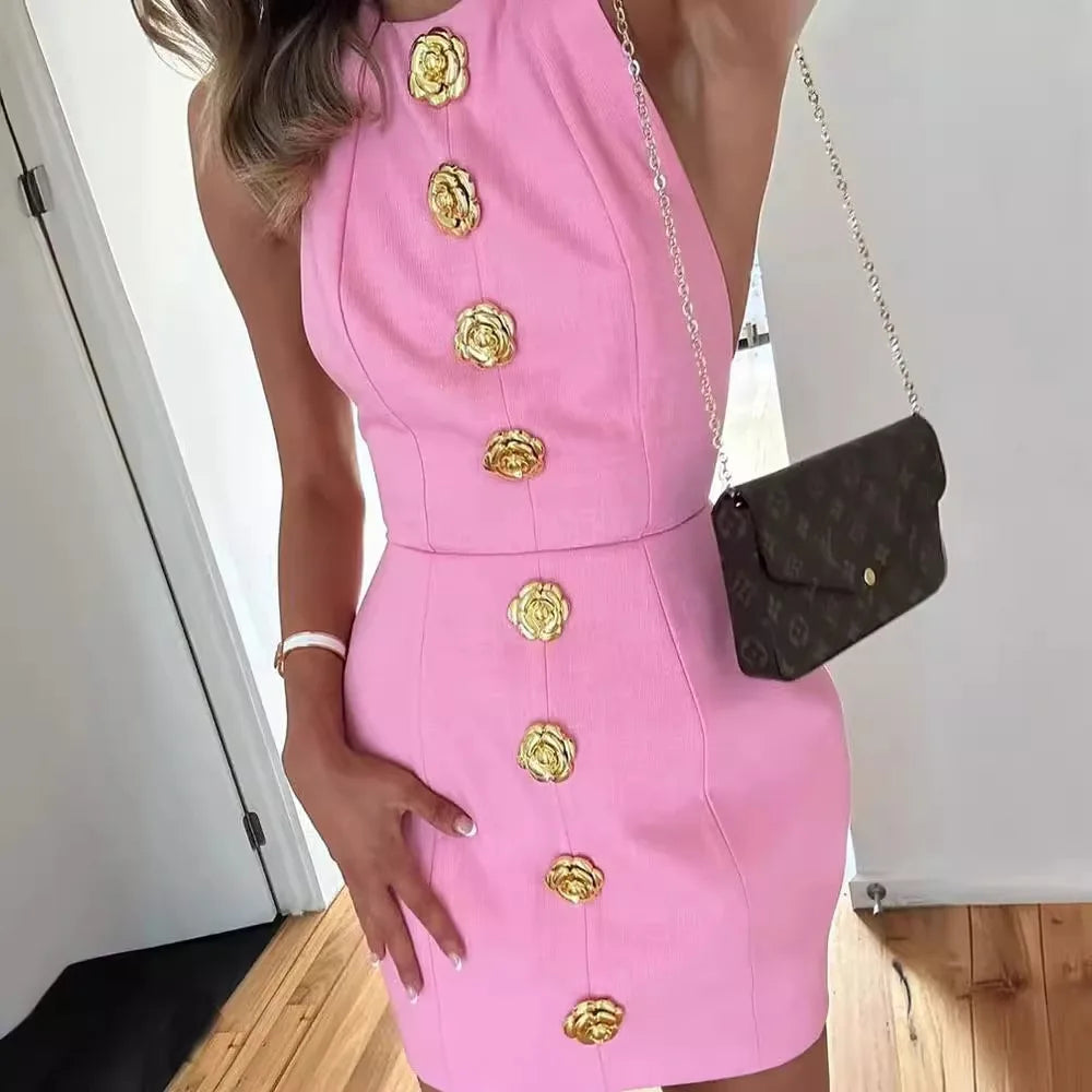 Dames élégantes Rose bouton sans manches Mini robe femmes Sexy dos nu robe courte Club robe de soirée 2025 nouveau été femmes robes