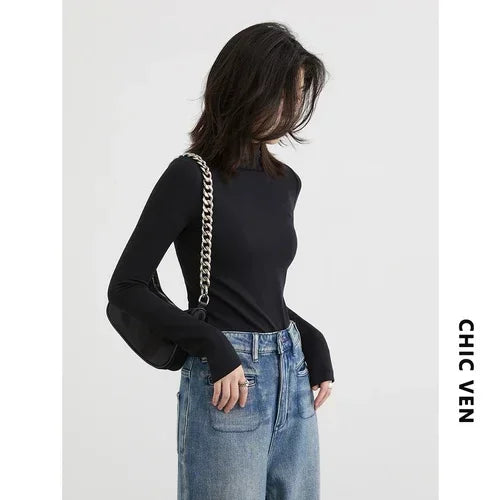 CHIC VEN Women's T-shirt New Multi Color Woman Tees Base Shirt Slim Fit Female Tops Office Ladies Clothing Spring Autumn 2023