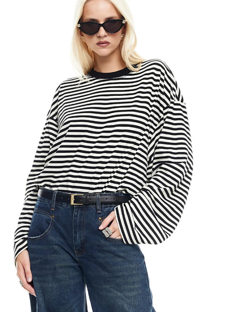 Fantoye Round Neck Print Striped Pullover Women T-shirt Red Long Sleeve Casual Y2k T-shirt Femme Autumn Loose Elegant Streetwear
