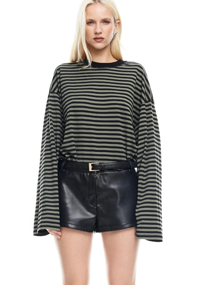 Fantoye Round Neck Print Striped Pullover Women T-shirt Red Long Sleeve Casual Y2k T-shirt Femme Autumn Loose Elegant Streetwear