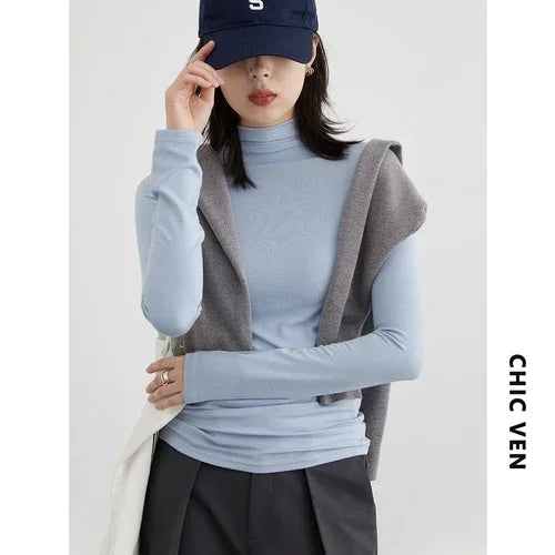 CHIC VEN Women's T-shirt New Multi Color Woman Tees Base Shirt Slim Fit Female Tops Office Ladies Clothing Spring Autumn 2023