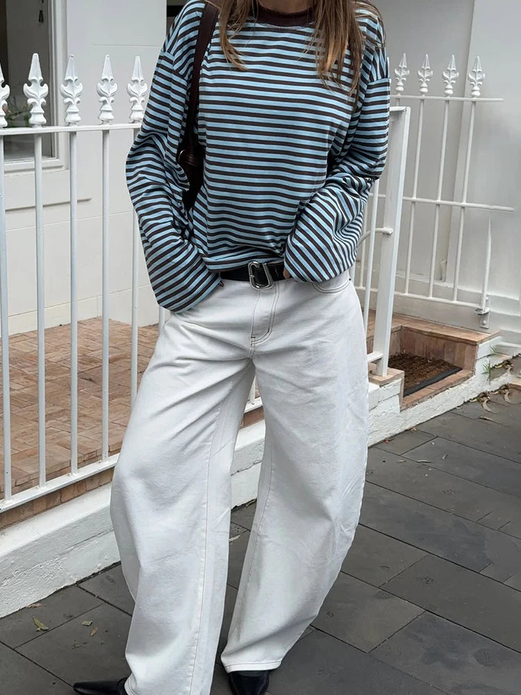 Fantoye Round Neck Print Striped Pullover Women T-shirt Red Long Sleeve Casual Y2k T-shirt Femme Autumn Loose Elegant Streetwear
