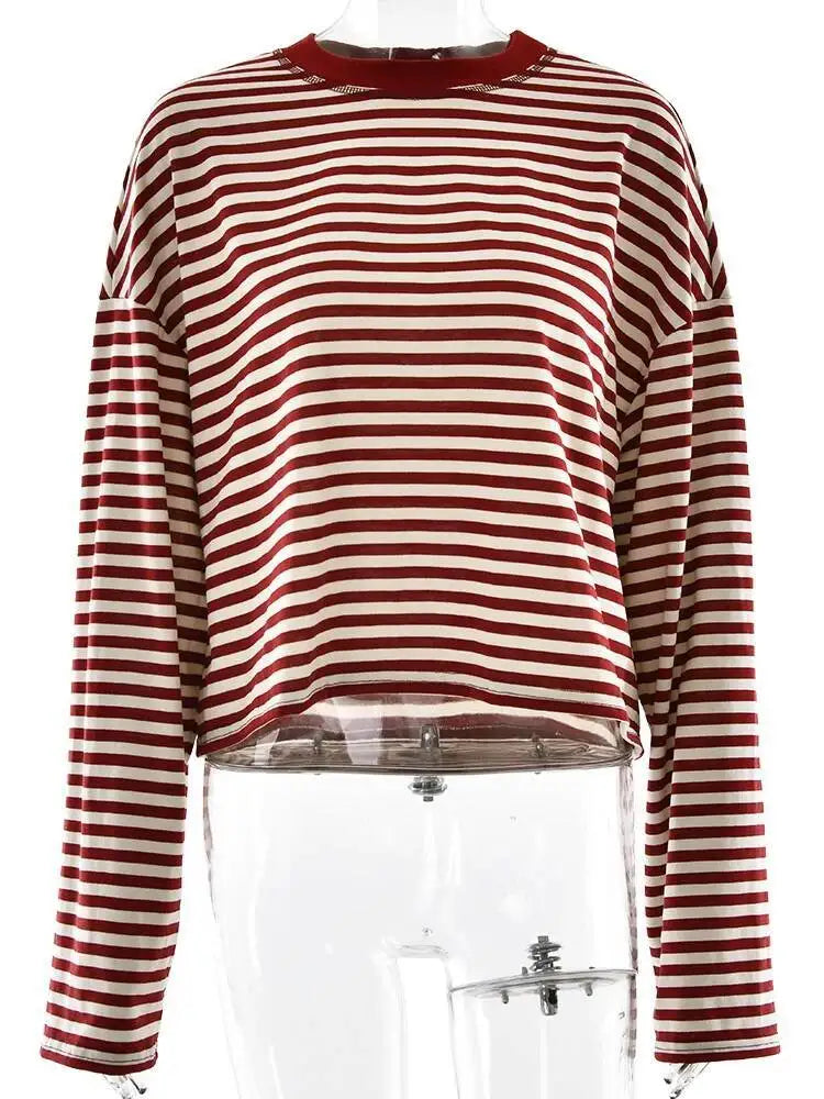 Fantoye Round Neck Print Striped Pullover Women T-shirt Red Long Sleeve Casual Y2k T-shirt Femme Autumn Loose Elegant Streetwear