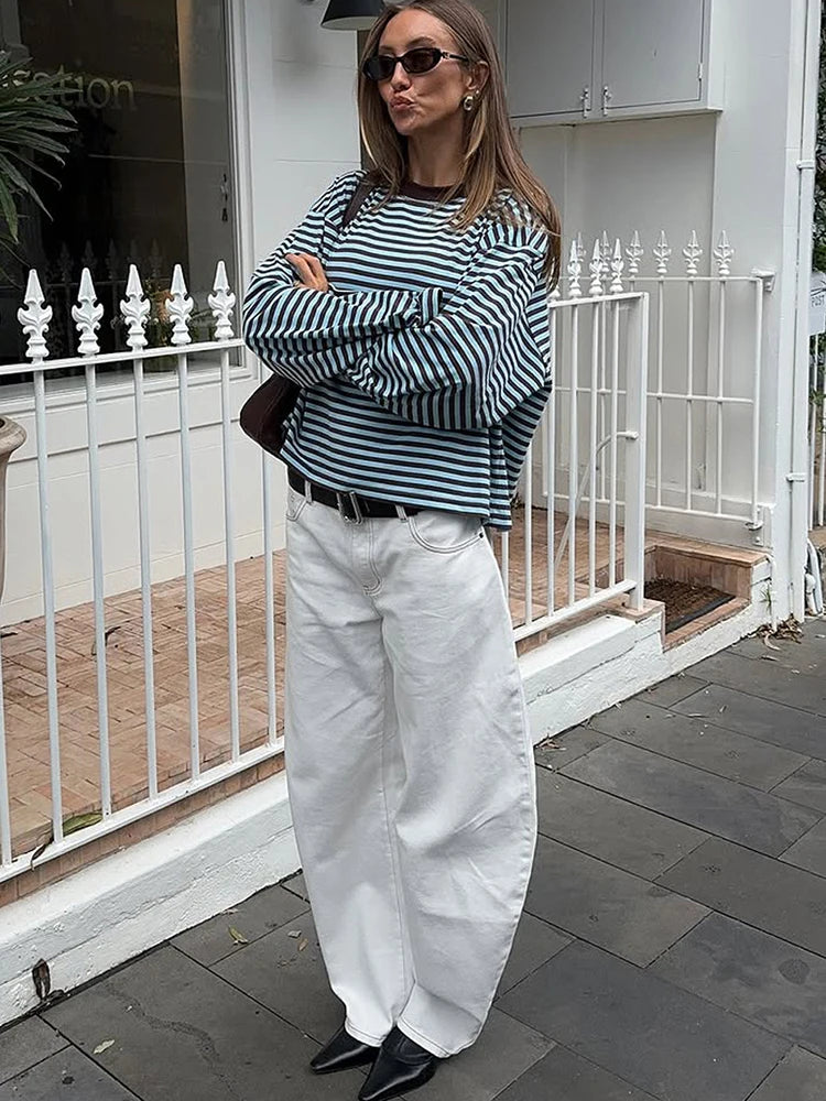 Fantoye Round Neck Print Striped Pullover Women T-shirt Red Long Sleeve Casual Y2k T-shirt Femme Autumn Loose Elegant Streetwear