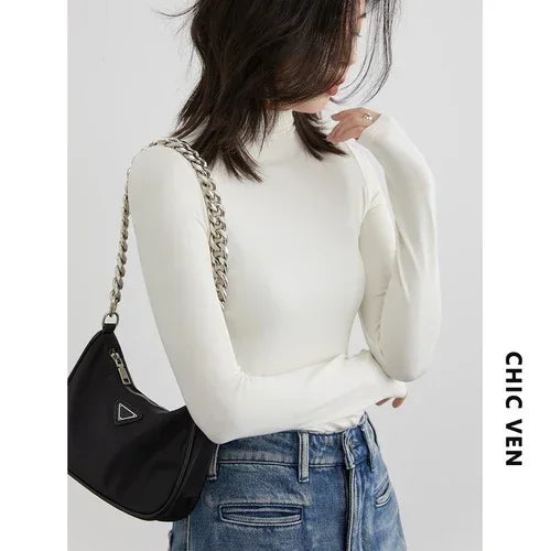 CHIC VEN Women's T-shirt New Multi Color Woman Tees Base Shirt Slim Fit Female Tops Office Ladies Clothing Spring Autumn 2023