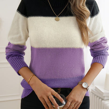 Kleurrijke Crew Neck Sweater, Elegante Lange Mouwen Trui Voor Herfst & Winter, Dameskleding