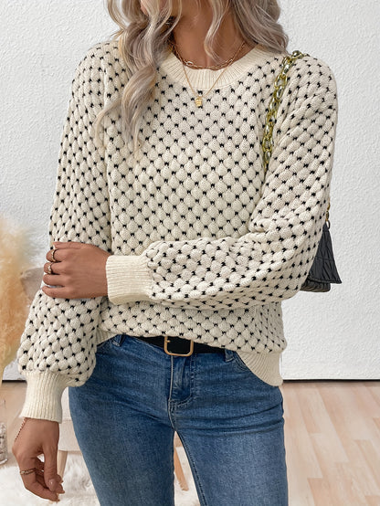 Vrouwen Elegante Trui - Zachte Pullover met Beige & Zwart Kleurblok, Losse Pasvorm Lange Mouw voor Herfst/Winter, Dagelijkse & Formele Outfits - ELEGANTSUT Dames Trui, Wintergarderobe, Chique Breiwerk, Gezellig Materiaal, Stijlvolle Top, Kantoor Kleding