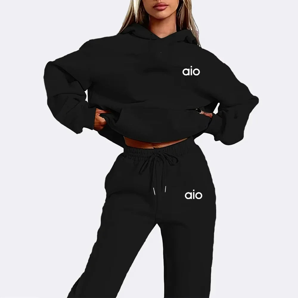 High-quality Printed Women's Solid Color Hooded Sweatshirt Set, Casual Two-piece Set, New Stylish Hot Sale