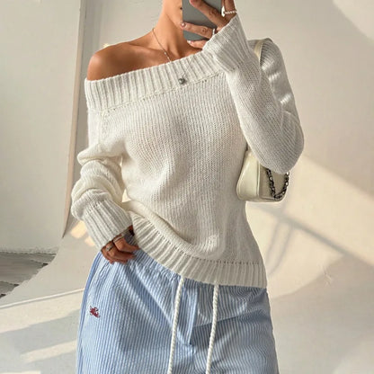 Solid Color Simple One-length Pullover Slanted Off-shoulder Autumn and Winter Women's Knitted Casual Sweater for Women