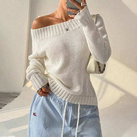 Solid Color Simple One-length Pullover Slanted Off-shoulder Autumn and Winter Women's Knitted Casual Sweater for Women