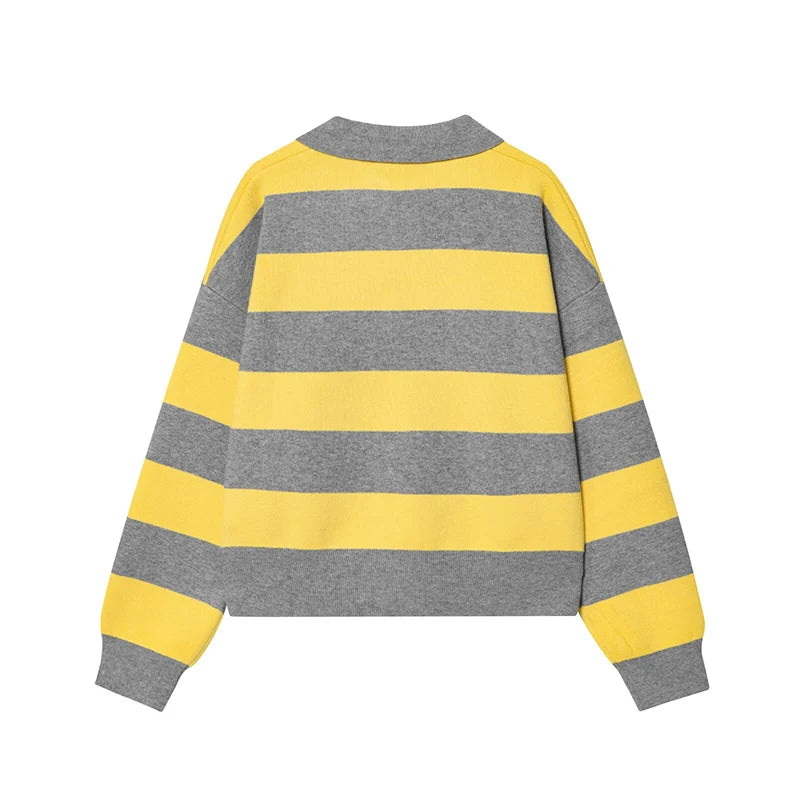 YENKYE 2025 Women Striped Knit Polo Neck Sweater Long Sleeve Casual Loose Autumn Pullover Tops