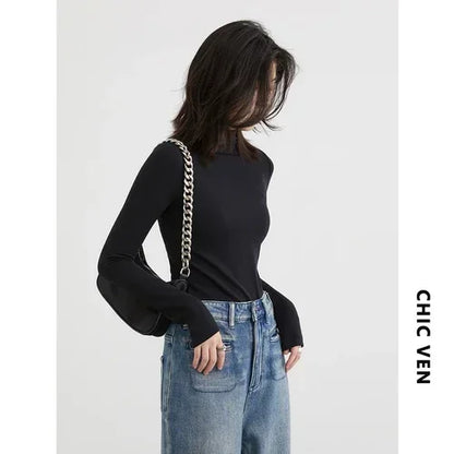 CHIC VEN Women's T-shirt New Multi Color Woman Tees Base Shirt Slim Fit Female Tops Office Ladies Clothing Spring Autumn 2023