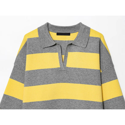 YENKYE 2025 Women Striped Knit Polo Neck Sweater Long Sleeve Casual Loose Autumn Pullover Tops