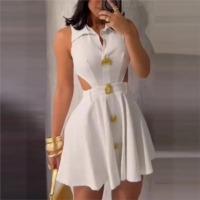 Mini robe dos nu Sexy pour femmes, mode blanche, sans manches, col rabattu, boutons, vêtements de fête de vacances pour femmes