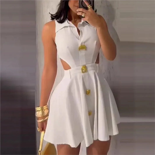 Mini robe dos nu Sexy pour femmes, mode blanche, sans manches, col rabattu, boutons, vêtements de fête de vacances pour femmes