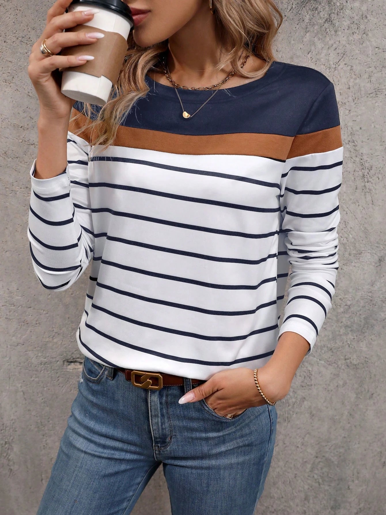 Women's T-shirt 3D stripe color block print fashion long sleeve round neck regular top holiday weekend spring and autumn