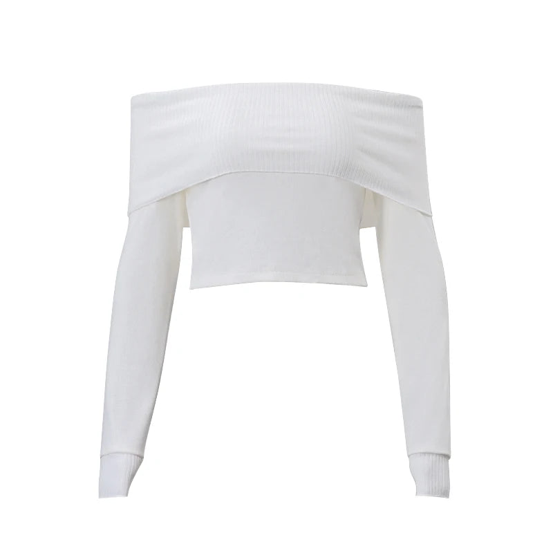 WhereMery élégant épaules nues côtelé culture hauts été mode décontracté solide maigre à manches longues femmes doux Y2K serré T-shirts