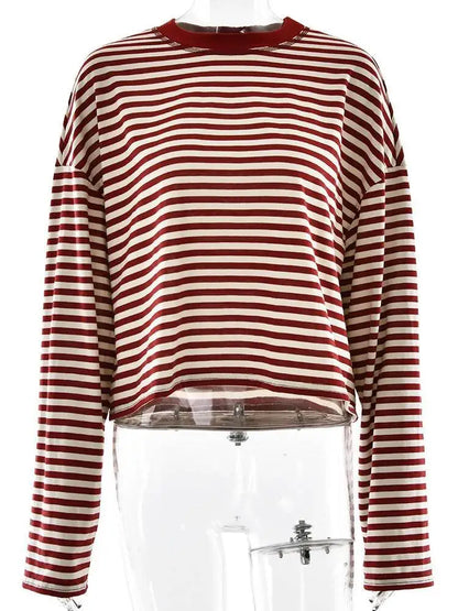 Fantoye Round Neck Print Striped Pullover Women T-shirt Red Long Sleeve Casual Y2k T-shirt Femme Autumn Loose Elegant Streetwear