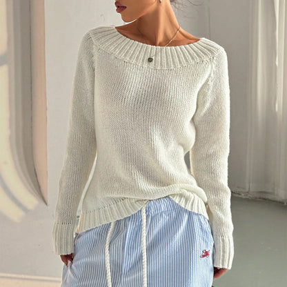 Solid Color Simple One-length Pullover Slanted Off-shoulder Autumn and Winter Women's Knitted Casual Sweater for Women