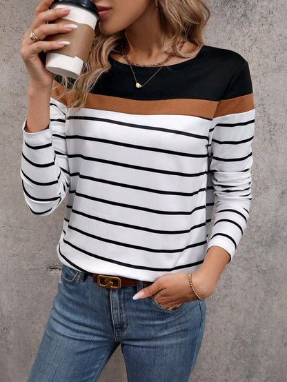 Women's T-shirt 3D stripe color block print fashion long sleeve round neck regular top holiday weekend spring and autumn
