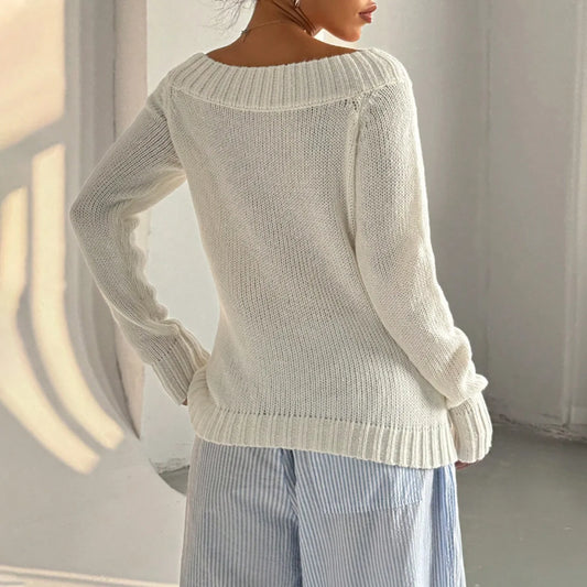 Solid Color Simple One-length Pullover Slanted Off-shoulder Autumn and Winter Women's Knitted Casual Sweater for Women