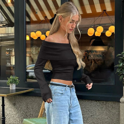 WhereMery élégant épaules nues côtelé culture hauts été mode décontracté solide maigre à manches longues femmes doux Y2K serré T-shirts
