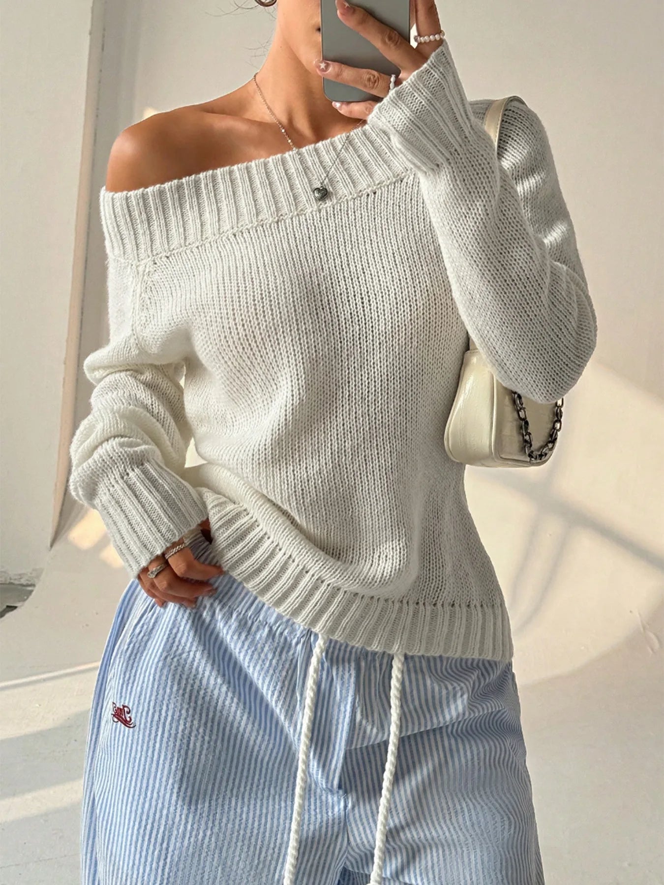 Solid Color Simple One-length Pullover Slanted Off-shoulder Autumn and Winter Women's Knitted Casual Sweater for Women