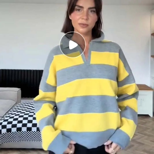 YENKYE 2025 Women Striped Knit Polo Neck Sweater Long Sleeve Casual Loose Autumn Pullover Tops