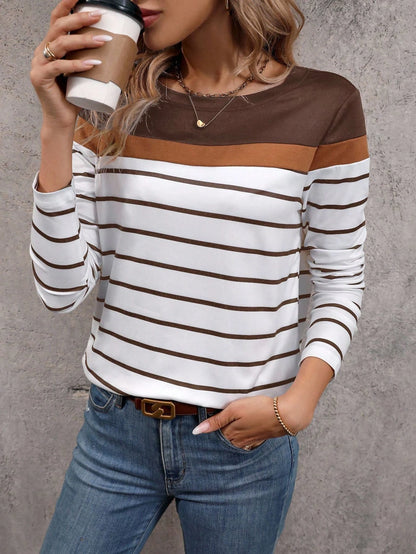 Women's T-shirt 3D stripe color block print fashion long sleeve round neck regular top holiday weekend spring and autumn