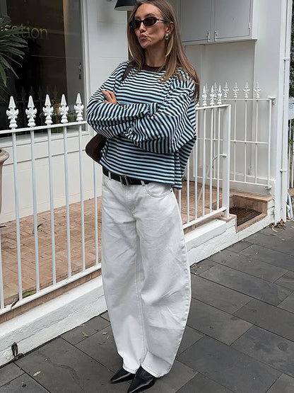 Fantoye Round Neck Print Striped Pullover Women T-shirt Red Long Sleeve Casual Y2k T-shirt Femme Autumn Loose Elegant Streetwear