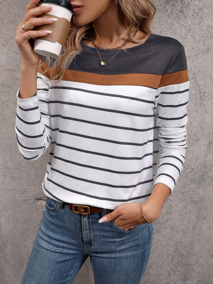 Women's T-shirt 3D stripe color block print fashion long sleeve round neck regular top holiday weekend spring and autumn