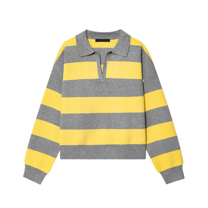 YENKYE 2025 Women Striped Knit Polo Neck Sweater Long Sleeve Casual Loose Autumn Pullover Tops