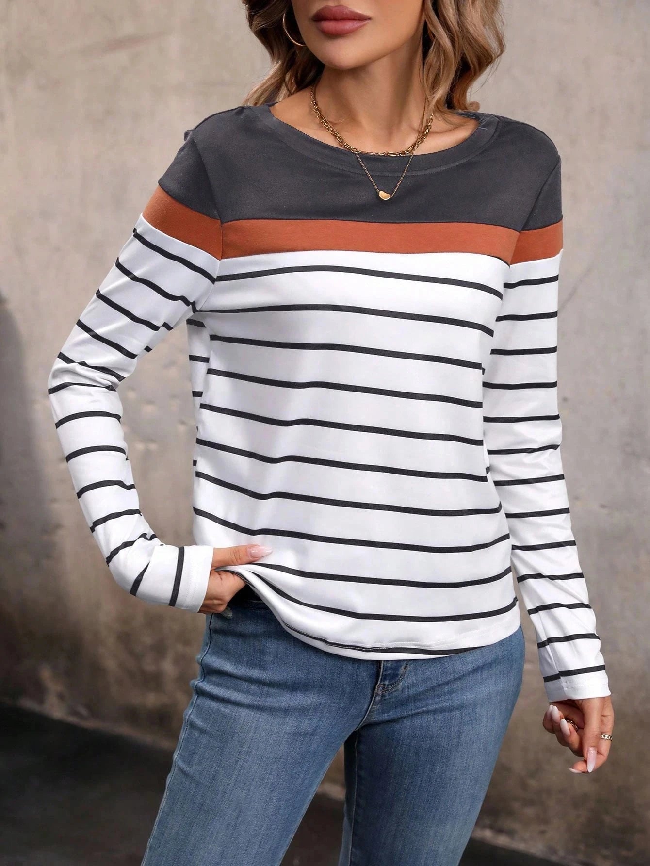 Women's T-shirt 3D stripe color block print fashion long sleeve round neck regular top holiday weekend spring and autumn