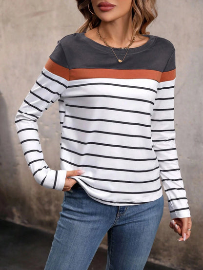 Women's T-shirt 3D stripe color block print fashion long sleeve round neck regular top holiday weekend spring and autumn