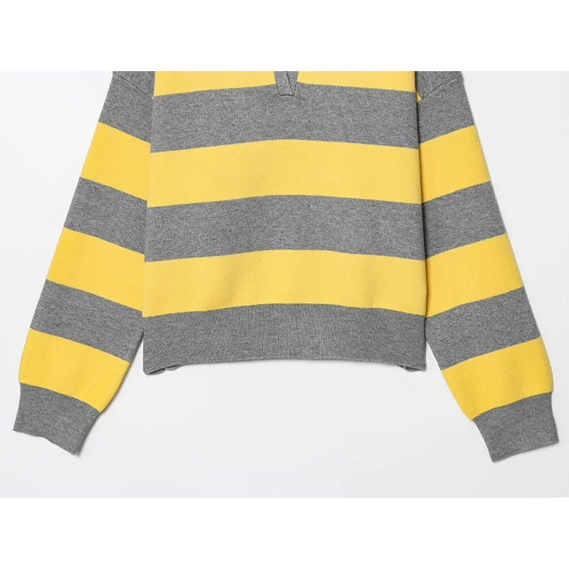 YENKYE 2025 Women Striped Knit Polo Neck Sweater Long Sleeve Casual Loose Autumn Pullover Tops