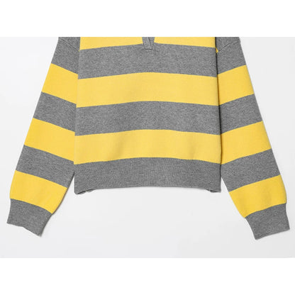 YENKYE 2025 Women Striped Knit Polo Neck Sweater Long Sleeve Casual Loose Autumn Pullover Tops