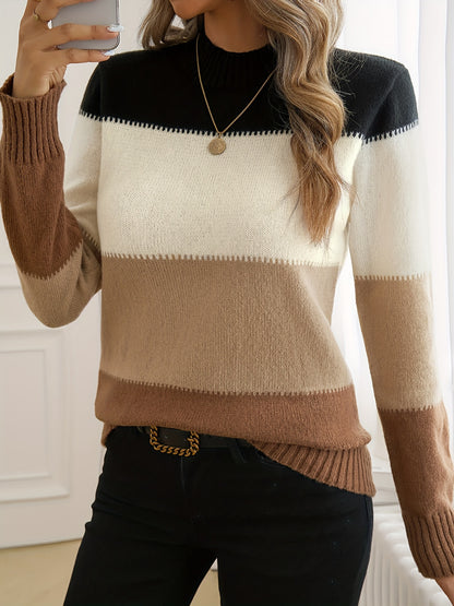 Kleurrijke Crew Neck Sweater, Elegante Lange Mouwen Trui Voor Herfst & Winter, Dameskleding