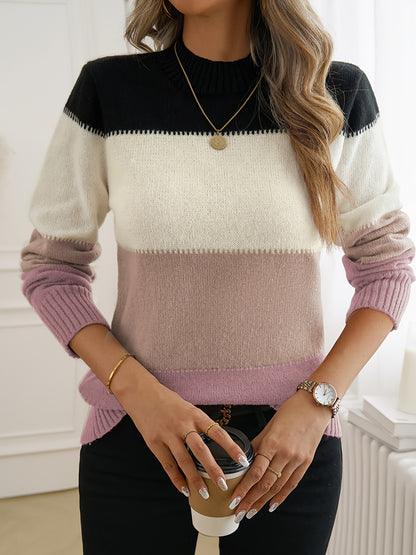 Kleurrijke Crew Neck Sweater, Elegante Lange Mouwen Trui Voor Herfst & Winter, Dameskleding