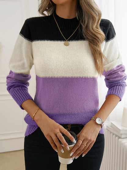Kleurrijke Crew Neck Sweater, Elegante Lange Mouwen Trui Voor Herfst & Winter, Dameskleding
